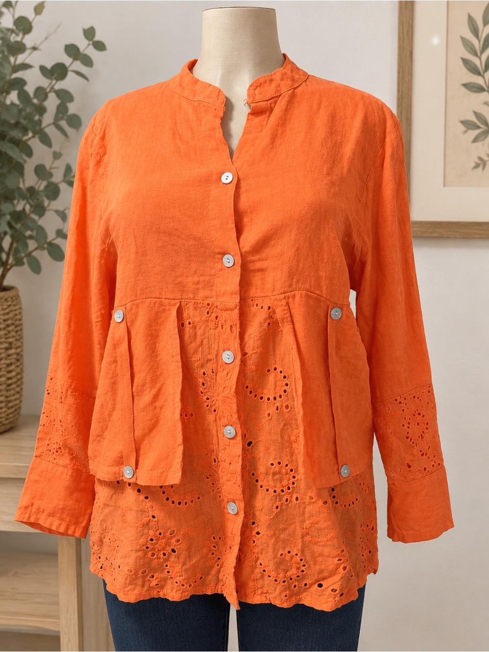 Made in Italy Linen Orange Eyelet Tunic Top Long Sleeve Button Up